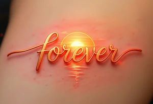 A glowing sunset behind the word "forever" in warm orange and gold gradient cursive. tattoo idea