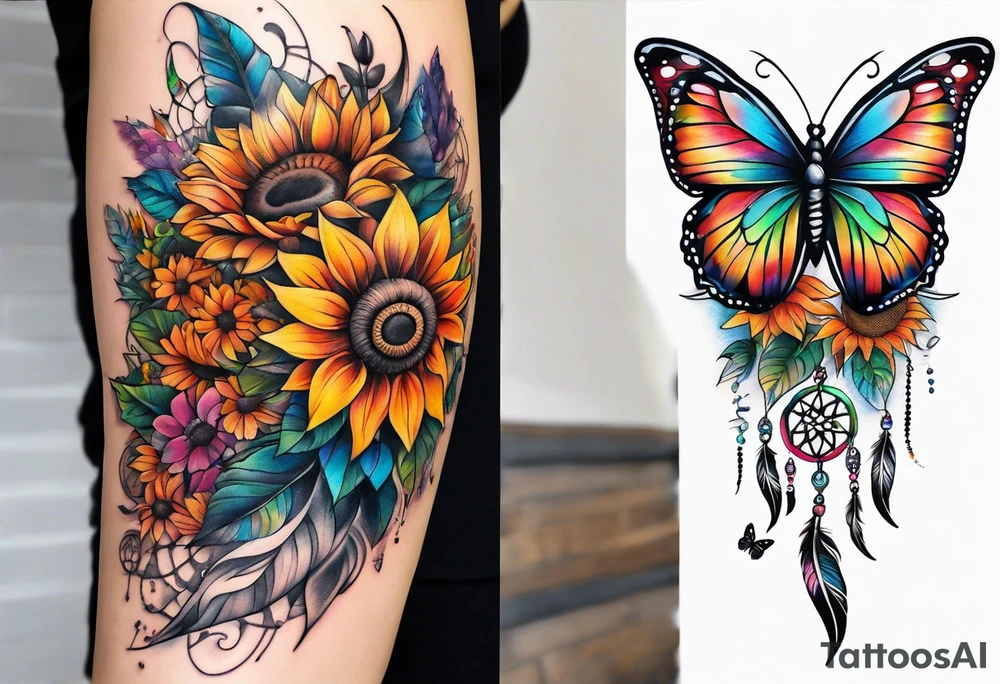 Quarter Leg sleeve with dreamcatcher, rainbow sunflowers and one butterfly tattoo idea