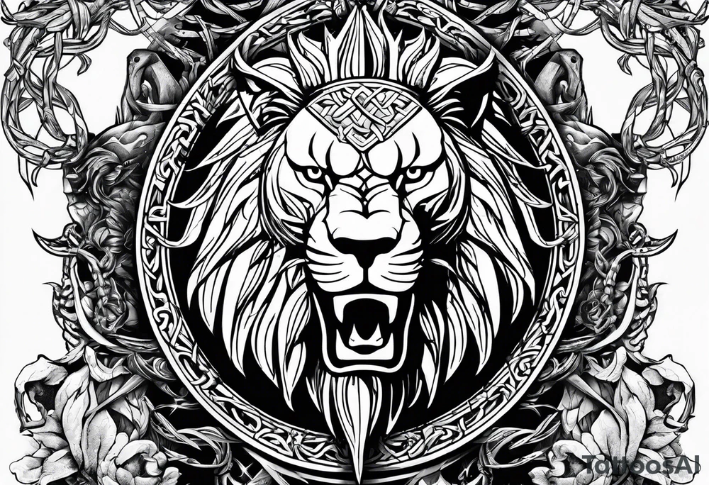 Valhalla sword shield dragon axe Valknut barbed wire chains lion tattoo idea
