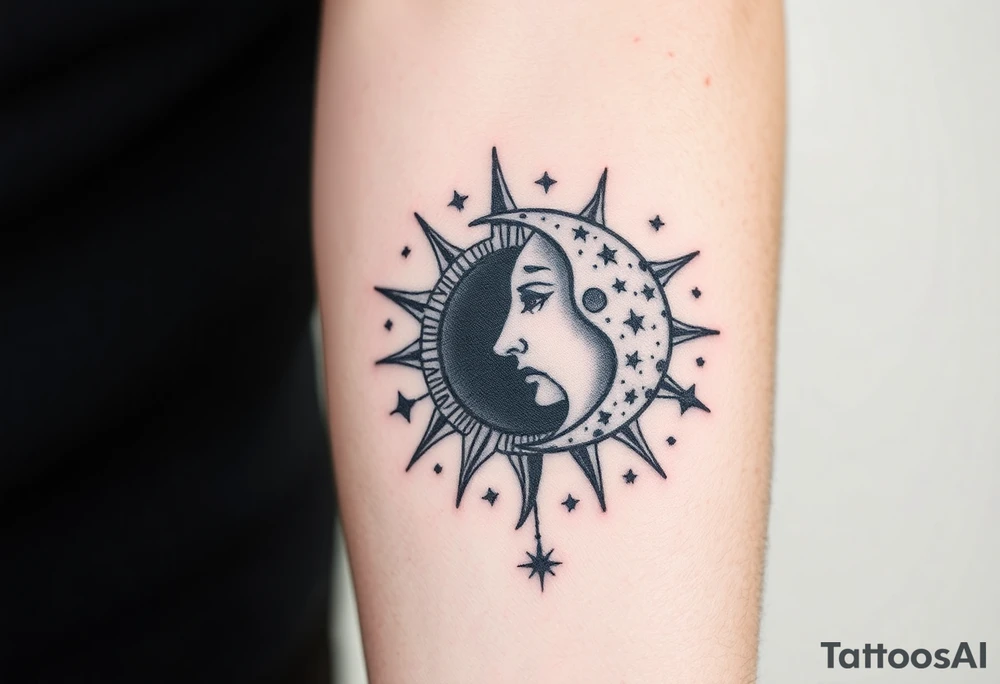 celestial sun and moon embrace with constellation patterns tattoo idea
