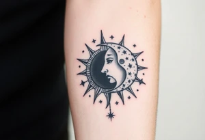 celestial sun and moon embrace with constellation patterns tattoo idea