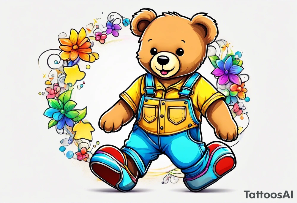 A light brown teddy bear in yellow overalls, rollerskating in rainbow colored skates tattoo idea