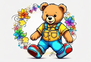 A light brown teddy bear in yellow overalls, rollerskating in rainbow colored skates tattoo idea