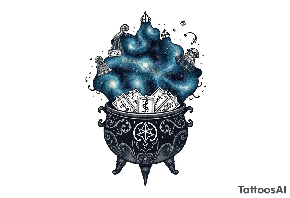 Milky way galaxy filled with zodiac symbols runes tarot cards coming out of a cauldron tattoo idea