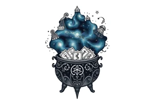 Milky way galaxy filled with zodiac symbols runes tarot cards coming out of a cauldron tattoo idea