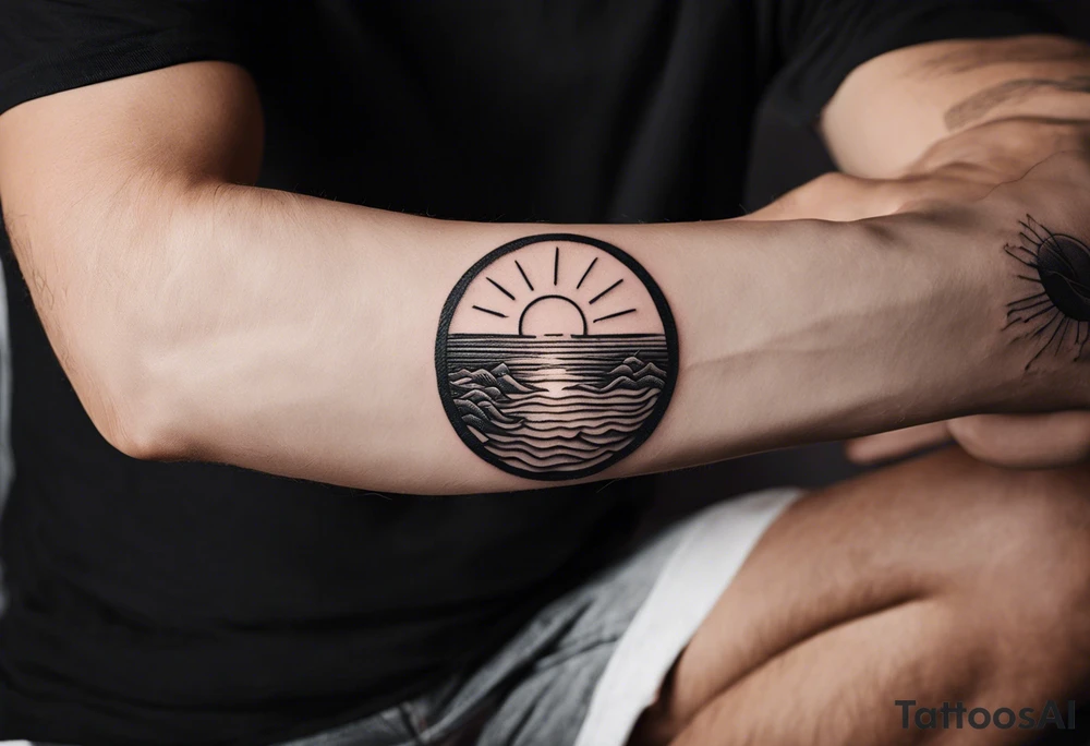 Minimalistic, small, black and white tattoo on male forearm. Tattoo style is line drawing. From the perspective of being on the ocean, the water is calm, with no waves in sight, the sun is setting behind the ocean, reflecting light onto the water. The tattoo in the shape of a rectangle, 4 inches wide by 2 inches tall. tattoo idea