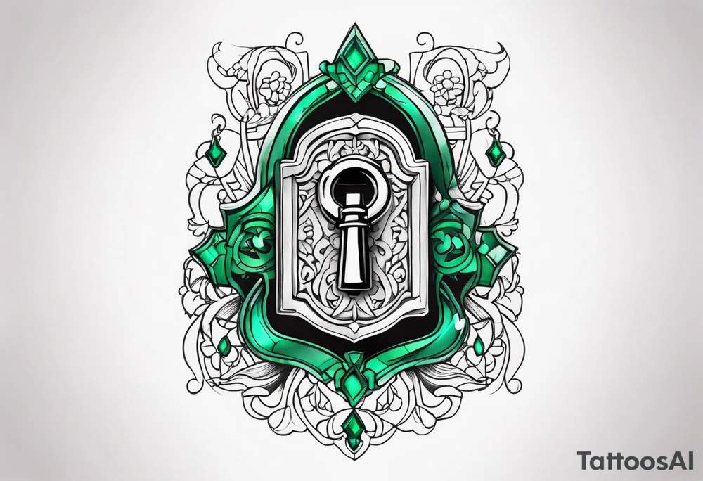 Lock and key with emerald stone tattoo idea
