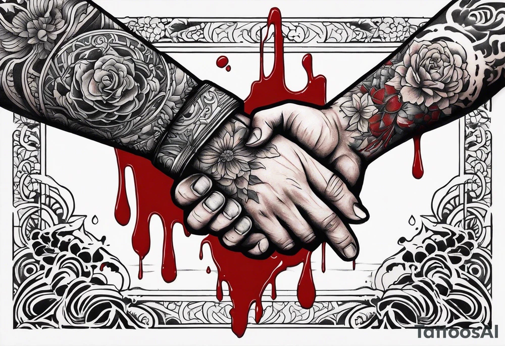 small tattoo to fit on the back of someone’s arm. Two manly hands from two different people doing a hand shake with a knife in between them, and blood dripping down the knife. Brotherhood tattoo tattoo idea