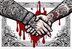 small tattoo to fit on the back of someone’s arm. Two manly hands from two different people doing a hand shake with a knife in between them, and blood dripping down the knife. Brotherhood tattoo tattoo idea