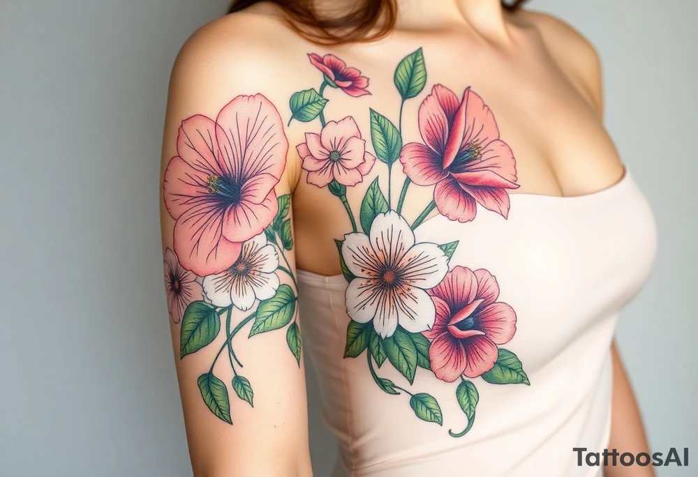 Fore arm tattoo in the neo american traditional style. I want to incorporate a few different flowers: Poppies, Morning Glory, Narcissus with green leaves in the background tattoo idea