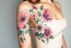 Fore arm tattoo in the neo american traditional style. I want to incorporate a few different flowers: Poppies, Morning Glory, Narcissus with green leaves in the background tattoo idea