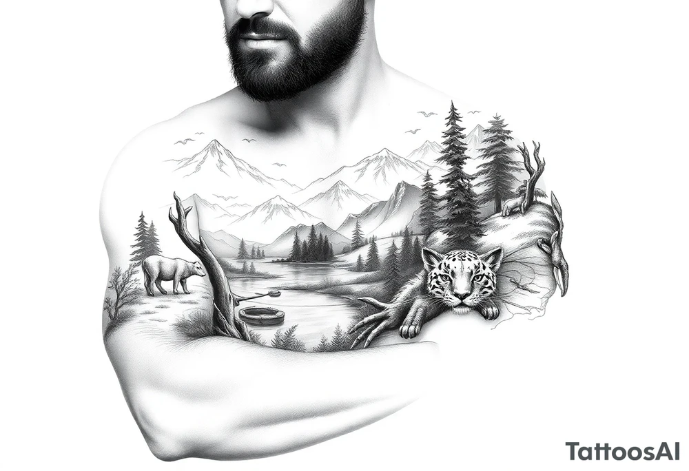 Create a scenic nature half sleeve for a man. Add lots of details including animals. tattoo idea