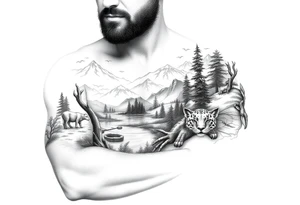 Create a scenic nature half sleeve for a man. Add lots of details including animals. tattoo idea