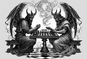 Depict an angel and demon playing chess on a board that morphs from celestial clouds to fiery inferno, representing the merging of the spiritual realms in the eternal game. tattoo idea