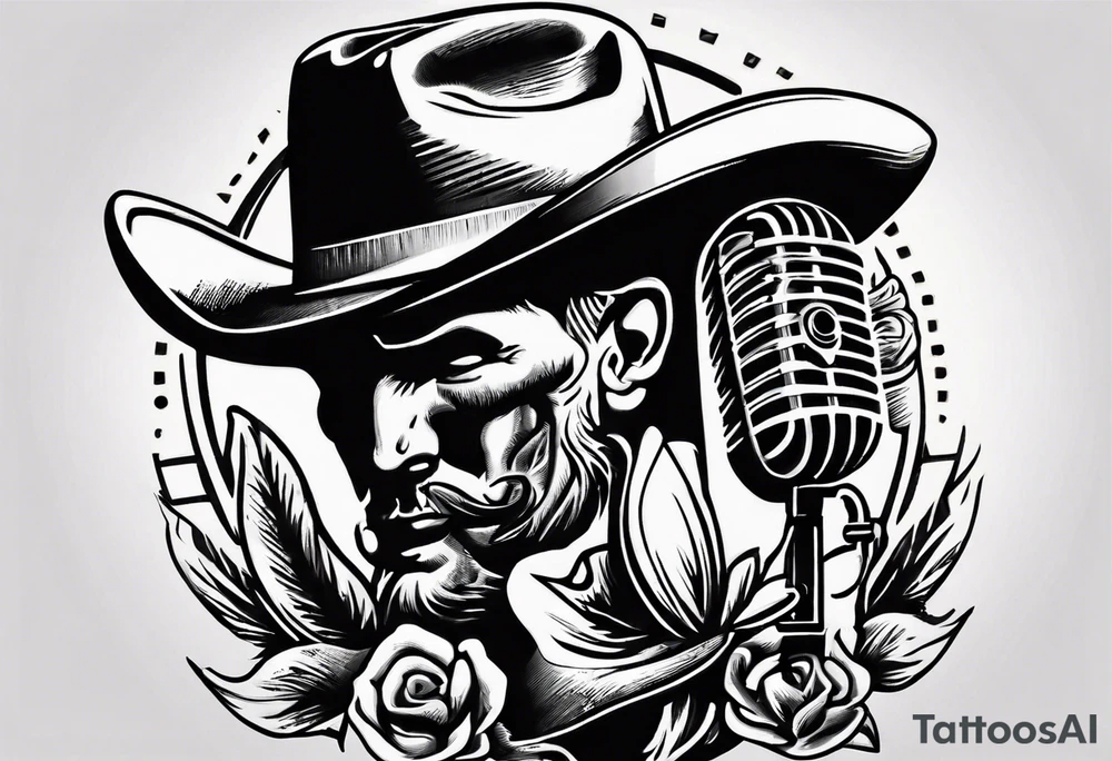 old school broadcast microphone with a cowboy hat on top of it. tattoo idea