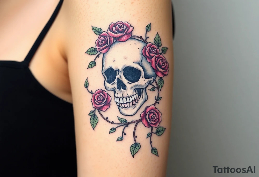 gothic skull intertwined with climbing roses and thorny vines tattoo idea