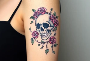 gothic skull intertwined with climbing roses and thorny vines tattoo idea