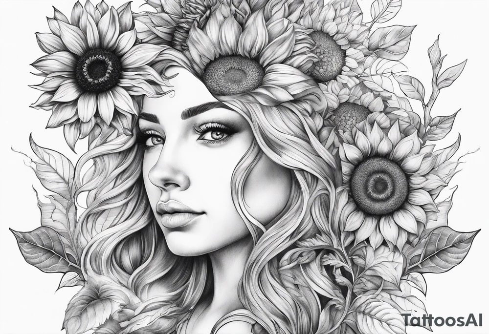 Feminine Yggdrasil tree with two sunflowers tattoo idea