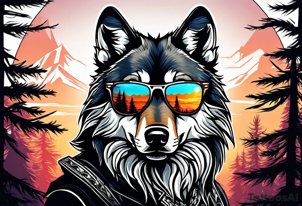 Badass wolf wearing sunglasses
Dark woods
Mountains
Sunset tattoo idea