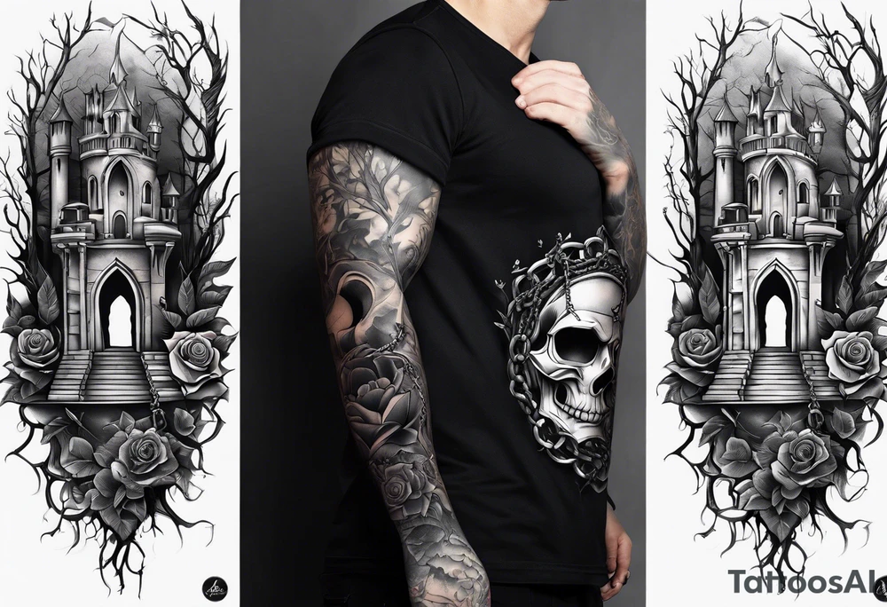 tattoo fool sleeve, dark gothic castle, tree roots break out of the chains, broken mask, roses tattoo idea