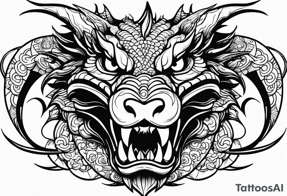 Dragon head facing front, tattoo should look old school Japanese way, dragon mouth should be close. tattoo idea