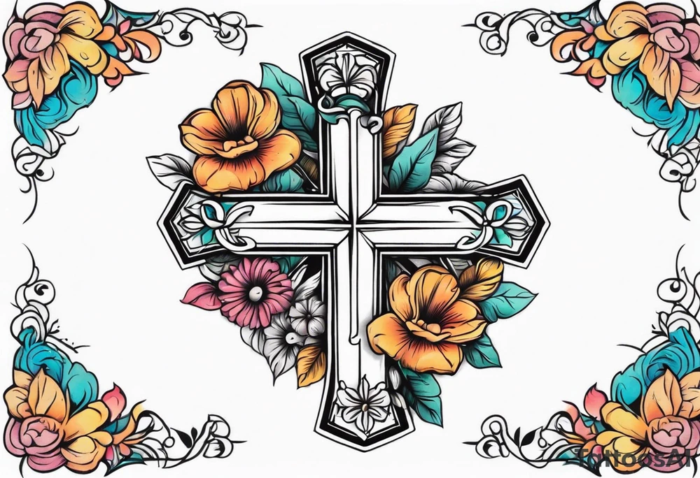 plain cross surrounded 
 with flowers and twisted around cross
 colorful tattoo idea