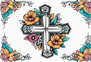 plain cross surrounded 
 with flowers and twisted around cross
 colorful tattoo idea