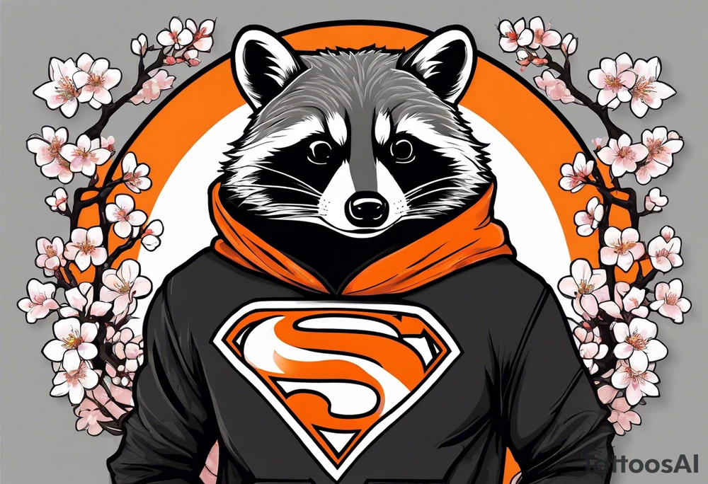 Raccoon wearing a white Superman logo on a black hoodie and orange Japanese cherry blossoms beside tattoo idea