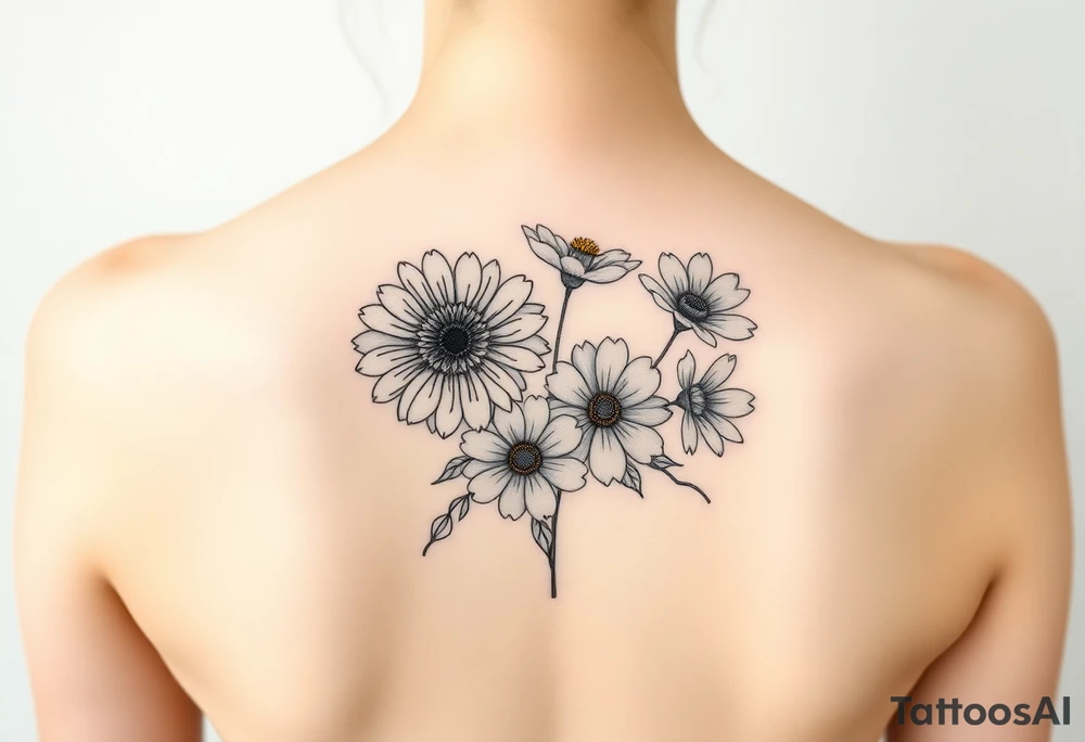 Flower bouquet with chrysanthemum, poppy, cosmo, daisy tattoo idea