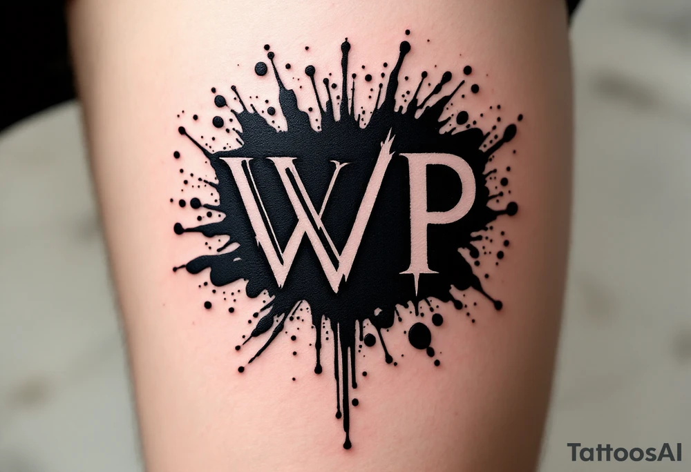 Ink Spill Monogram – Black “W / P” in clean sans-serif, surrounded by an abstract black ink blot for a modern grunge vibe. tattoo idea
