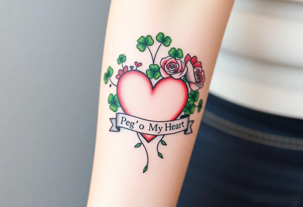 A ton of green shamrocks with red roses and a big pale pink heart with a banner across the heart that says Peg 'o My Heart tattoo idea