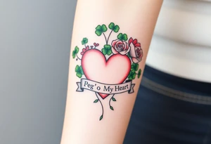 A ton of green shamrocks with red roses and a big pale pink heart with a banner across the heart that says Peg 'o My Heart tattoo idea