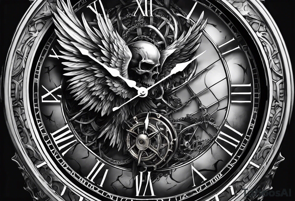 Hyper realistic clock that’s almost broken with Angel of death with chains tattoo idea