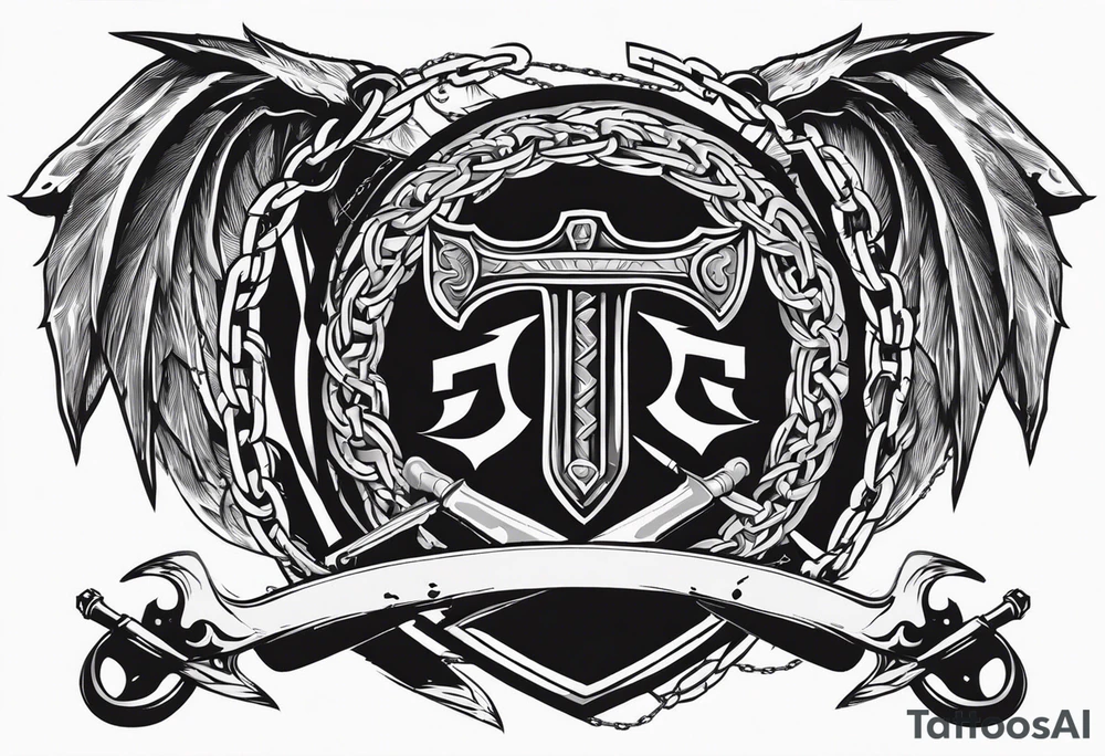 Valhalla sword round shield axe barbed wire chains tattoo idea