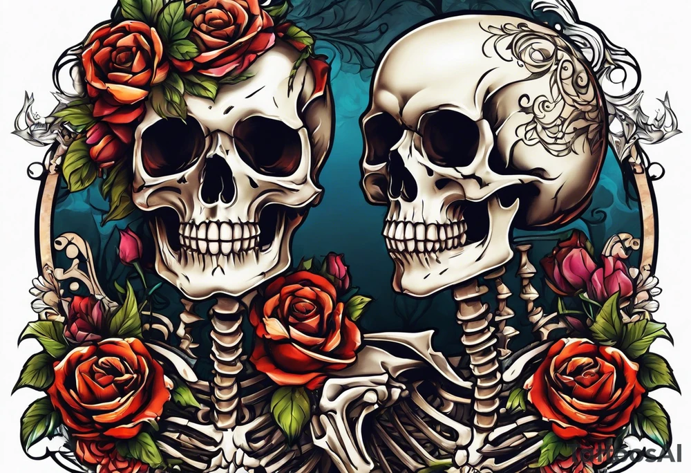 Wedding of two skeletons, the alter in the open mouth of a skull tattoo idea