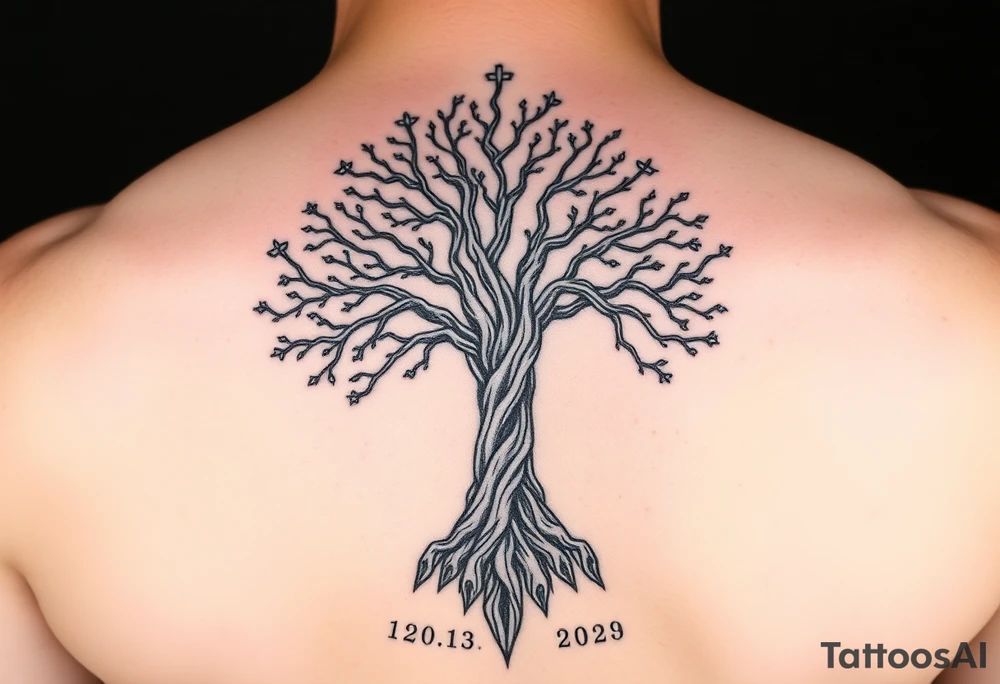 mystical tree of life with cosmic roots and celestial branches tattoo idea