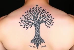 mystical tree of life with cosmic roots and celestial branches tattoo idea