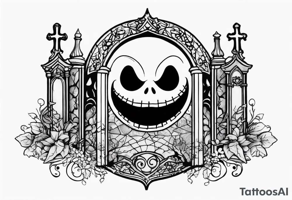 jack skellington face with little cemetery details on back tattoo idea