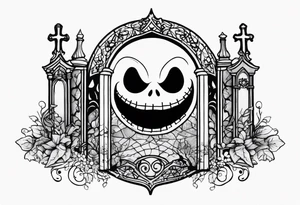 jack skellington face with little cemetery details on back tattoo idea