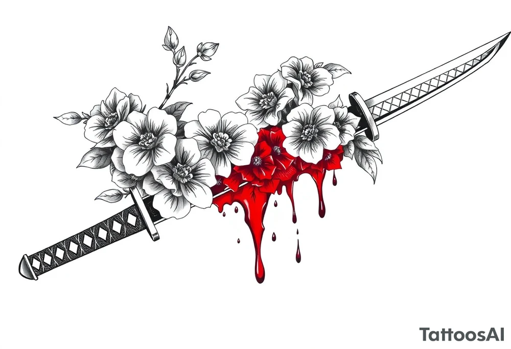 Katana with flowers and blood on the blade tattoo idea