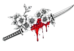 Katana with flowers and blood on the blade tattoo idea