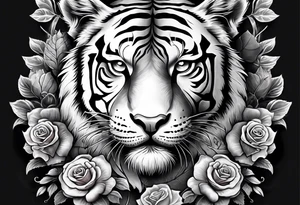 Full right arm sleeve  tiger with a crown and third eye with a hour glass instead the hourglass brain cover in in clouds and a heart cover in grass and roots with roses and smoke all over the arm tattoo idea
