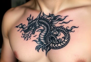 fierce dragon breathing iridescent fire against stormy skies tattoo idea