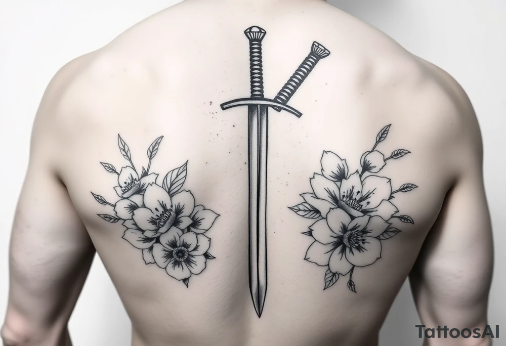 Masculine Japanese sword with flowers around it tattoo idea