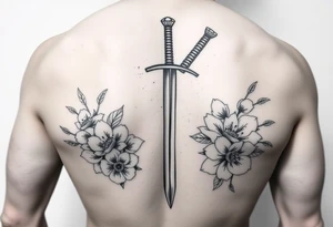 Masculine Japanese sword with flowers around it tattoo idea