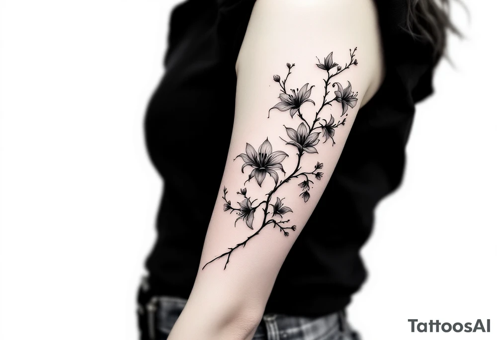 the flower spider lily from demon slayer and add cherry blossoms wrapped around upper arm tattoo idea