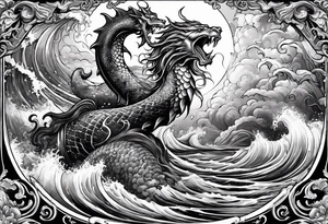 Poseidon holding a trident in stormy water surrounded by sirens and a sea serpent tattoo idea