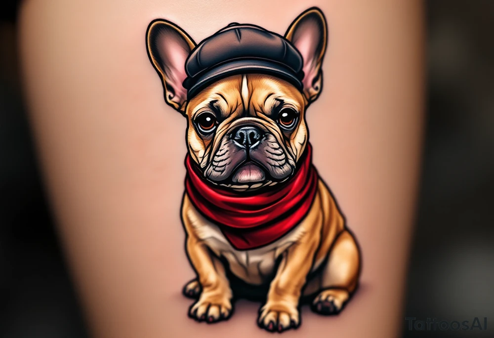 French Bulldog wearing a beret and red scarf, sitting proudly like a Parisian icon, with fawn-colored fur and a cheeky expression. tattoo idea