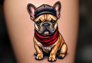 French Bulldog wearing a beret and red scarf, sitting proudly like a Parisian icon, with fawn-colored fur and a cheeky expression. tattoo idea
