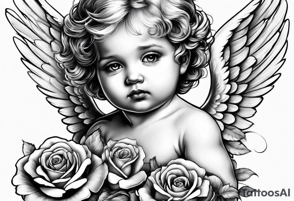baby angel with a rose tattoo idea
